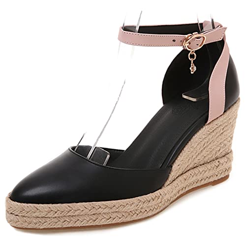 Lroey Reoly Damen Espadrille mit Absatz, Sandalen Pointed Toe Elegant Keilabsatz Abendschuhe mit Plateau Schnalle Knöchelriemchen 165 Schwarz Gr 37 EU von Lroey Reoly