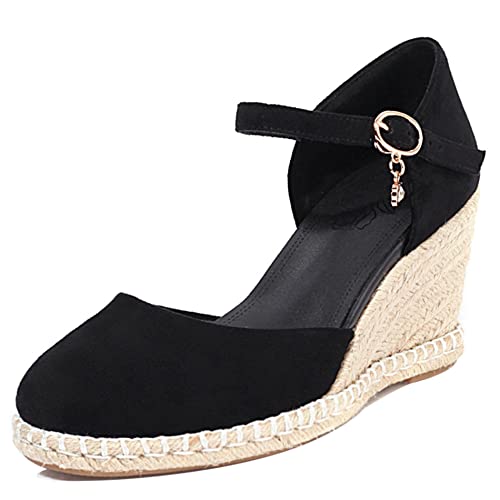 Lroey Reoly Damen Espadrille mit Absatz, Sandalen Runde Zehen Elegant Keilabsatz Abendschuhe mit Plateau Schnalle Knöchelriemchen 168 Schwarz Gr 44 EU von Lroey Reoly