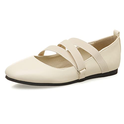 Lroey Reoly Damen Flache Ballettschuhe, Flache Pumpe Runde Zehen Ohne Verschluss Mary Jane Elastisch Komfort Dknmnx Beige Gr 44 EU von Lroey Reoly