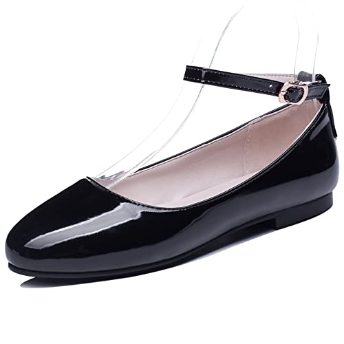 Lroey Reoly Damen Flache Ballettschuhe, Flache Pumpe Runde Zehen Schnalle Daily Schuhe Knöchelriemchen Elegant Lektum Schwarz Gr 46 EU von Lroey Reoly