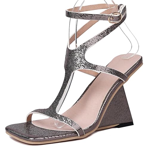 Lroey Reoly Damen Flare Höhe Ferse Gladiator Sandals Square Toe Abendschuhe Ls855 Grau Gr 41 EU von Lroey Reoly