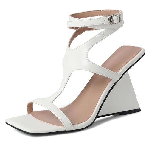 Lroey Reoly Damen Flare Höhe Ferse Gladiator Sandals Square Toe Party-Sandale Ls805 Weiß Gr 39 EU von Lroey Reoly