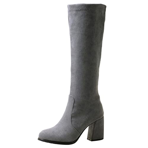 Lroey Reoly Damen Hohe Stiefel mit Blockabsatz, Anzugstiefel Höhe Ferse Runde Zehen Boots Ohne Verschluss 130 Grau Gr 49 EU von Lroey Reoly