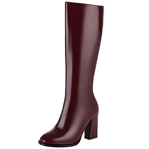 Lroey Reoly Damen Hohe Stiefel mit Blockabsatz, Anzugstiefel Höhe Ferse Runde Zehen Boots Solid Partystiefel Zip 104 Rotwein-Rl Gr 41 EU von Lroey Reoly