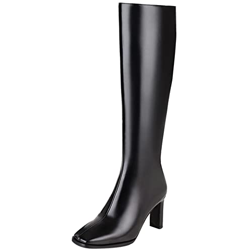 Lroey Reoly Damen Hohe Stiefel mit Blockabsatz, Anzugstiefel Höhe Ferse Square Toe Boots Party Zip 102 Schwarz-Rl Gr 48 EU von Lroey Reoly