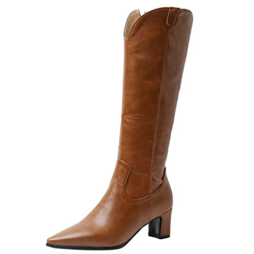 Lroey Reoly Damen Hohe Stiefel mit Blockabsatz, Anzugstiefel Mitte Absatz Pointed Toe Boots Zip 045 Braun Gr 46 EU von Lroey Reoly