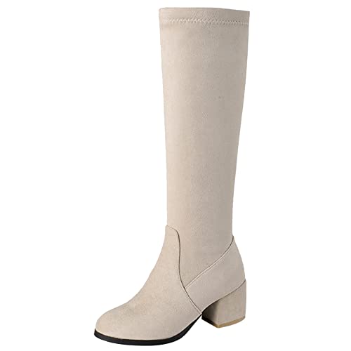 Lroey Reoly Damen Hohe Stiefel mit Blockabsatz, Anzugstiefel Mitte Absatz Runde Zehen Boots Solid Zip 085 Aprikose Gr 46 EU von Lroey Reoly