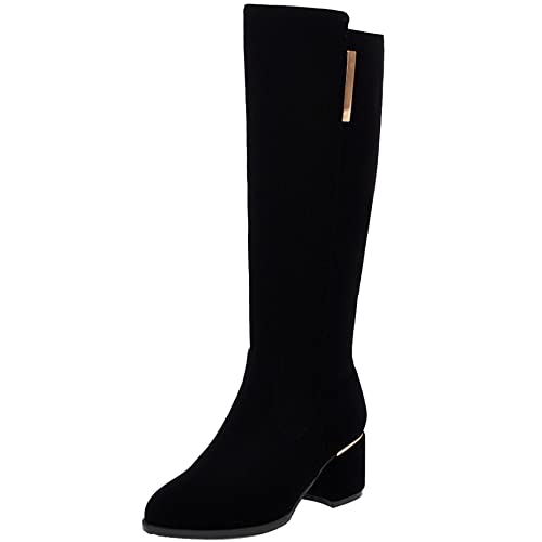 Lroey Reoly Damen Hohe Stiefel mit Blockabsatz, Anzugstiefel Mitte Absatz Runde Zehen Boots Zip Franse 162 Schwarz Gr 35 EU von Lroey Reoly