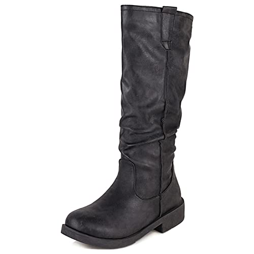 Lroey Reoly Damen Hohe Stiefel mit Blockabsatz, Lockere Stiefel Mitte Absatz Runde Zehen Reitstiefel Ohne Verschluss 111 Schwarz Gr 37 EU von Lroey Reoly