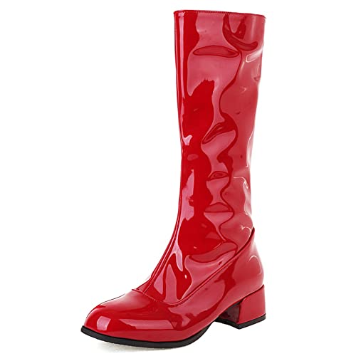 Lroey Reoly Damen Hohe Stiefel mit Blockabsatz, Partystiefel Mode Zip Overknees Stiefel Mitte Absatz Square Toe 274 Rot Gr 48 EU von Lroey Reoly
