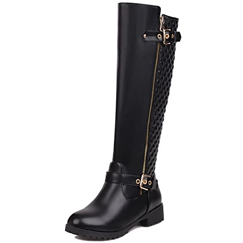 Lroey Reoly Damen Hohe Stiefel mit Blockabsatz, Reitstiefel Mitte Absatz Boots Zip 092 Schwarz Gr 39 EU von Lroey Reoly