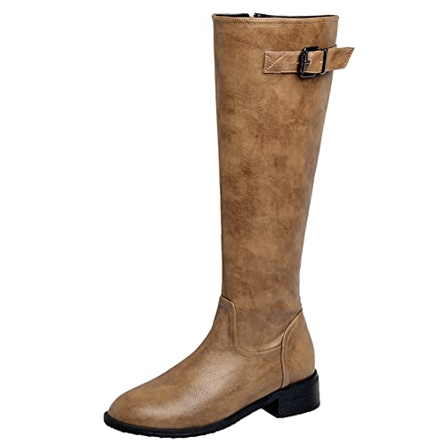 Lroey Reoly Damen Hohe Stiefel mit Blockabsatz, Reitstiefel Mitte Absatz Runde Zehen Retro Boots Zip 137 Khaki Gr 43 EU von Lroey Reoly