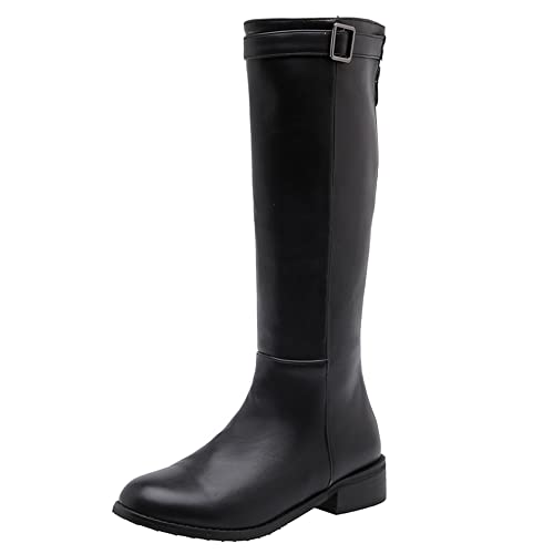 Lroey Reoly Damen Hohe Stiefel mit Blockabsatz, Reitstiefel Mitte Absatz Winterstiefel Runde Zehen Boots Zip 136 Schwarz/Mp Gr 45 EU von Lroey Reoly