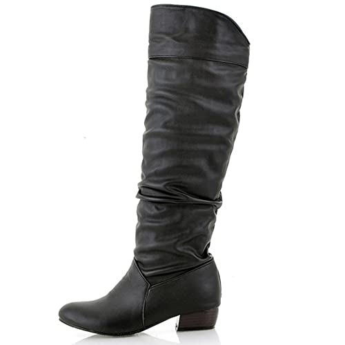 Lroey Reoly Damen Hohe Stiefel mit Blockabsatz, Winterstiefel Leisure Ohne Verschluss Overknees Stiefel Mitte Absatz Runde Zehen Pelzgefüttert 297 Schwarz/Dl Gr 46 EU von Lroey Reoly