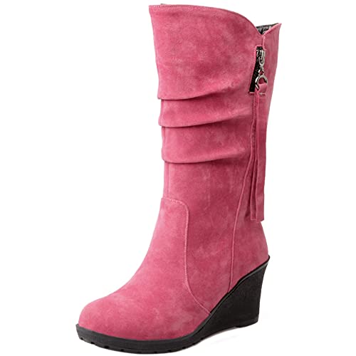 Lroey Reoly Damen Hohe Stiefel mit Keilabsatz, Lockere Stiefel Höhe Ferse Runde Zehen Boots Ohne Verschluss 097 Pink-Dl Gr 52 EU von Lroey Reoly