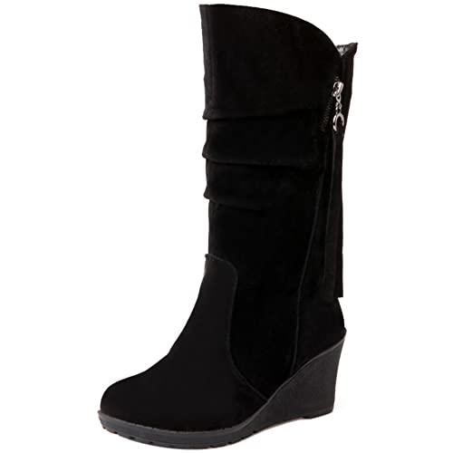 Lroey Reoly Damen Hohe Stiefel mit Keilabsatz, Lockere Stiefel Höhe Ferse Runde Zehen Boots Ohne Verschluss 097 Schwarz-Dl Gr 36 EU von Lroey Reoly