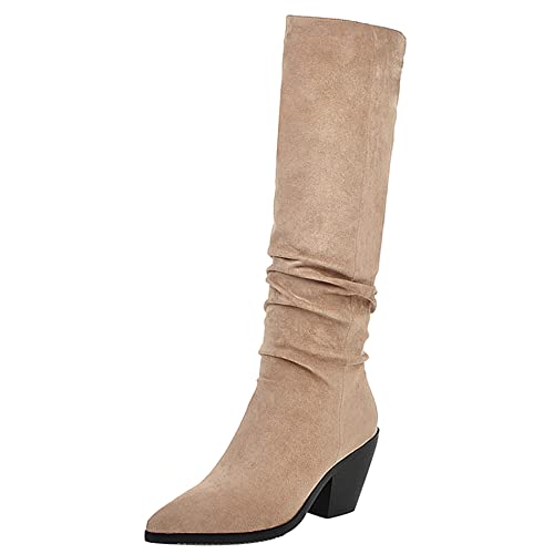 Lroey Reoly Damen Hohe Stiefel mit Westernabsatz, Cowgirl Boots Höhe Ferse Pointed Toe Lockere Stiefel Ohne Verschluss Solid Anzugstiefel 175 Aprikose Gr 43 EU von Lroey Reoly