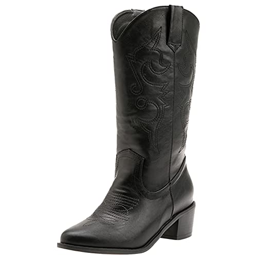 Damen Hohe Stiefel mit Westernabsatz, Cowgirl Boots Mitte Absatz Runde Zehen Boots Ohne Verschluss Leisure 087 Schwarz Gr 49 EU von Lroey Reoly