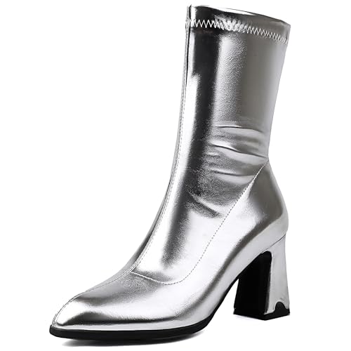 Lroey Reoly Damen Hohen Blockabsatz Hohe Stiefel Pointed Toe Abend Dx978 Silber Gr 34 EU von Lroey Reoly