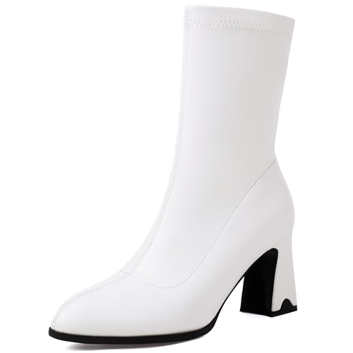 Lroey Reoly Damen Hohen Blockabsatz Hohe Stiefel Pointed Toe Abend Dx978 Weiß Gr 34 EU von Lroey Reoly