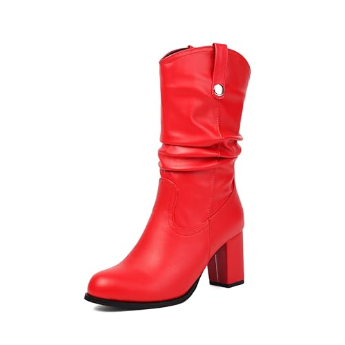 Lroey Reoly Damen Hohen Blockabsatz Hohe Stiefel Runde Zehen Cowboy Dx971 Rot Gr 48 EU von Lroey Reoly