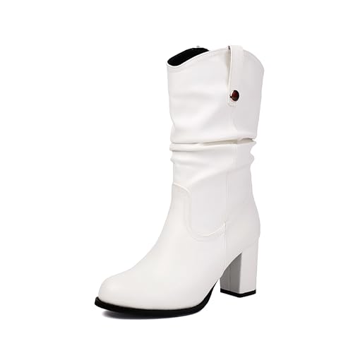 Lroey Reoly Damen Hohen Blockabsatz Hohe Stiefel Runde Zehen Cowboy Dx971 Weiß Gr 37 EU von Lroey Reoly