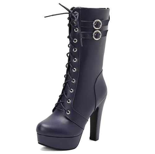 Lroey Reoly Damen Hohen Blockabsatz Hohe Stiefel mit Plateau Runde Zehen Abend Dx983 Blau Gr 41 EU von Lroey Reoly