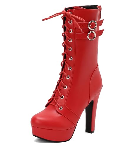 Lroey Reoly Damen Hohen Blockabsatz Hohe Stiefel mit Plateau Runde Zehen Abend Dx983 Rot Gr 45 EU von Lroey Reoly