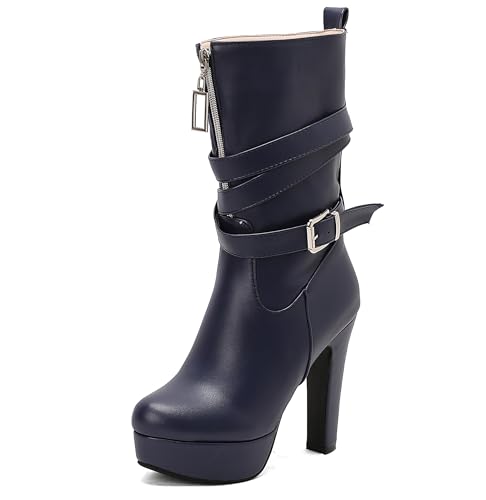 Lroey Reoly Damen Hohen Blockabsatz Hohe Stiefel mit Plateau Runde Zehen Daily Dx986 Blau Gr 46 EU von Lroey Reoly