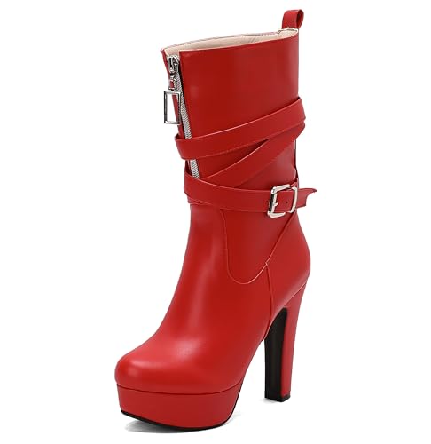 Lroey Reoly Damen Hohen Blockabsatz Hohe Stiefel mit Plateau Runde Zehen Daily Dx986 Rot Gr 45 EU von Lroey Reoly