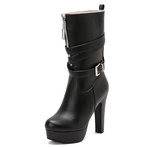 Lroey Reoly Damen Hohen Blockabsatz Hohe Stiefel mit Plateau Runde Zehen Daily Dx986 Schwarz Gr 35 EU von Lroey Reoly