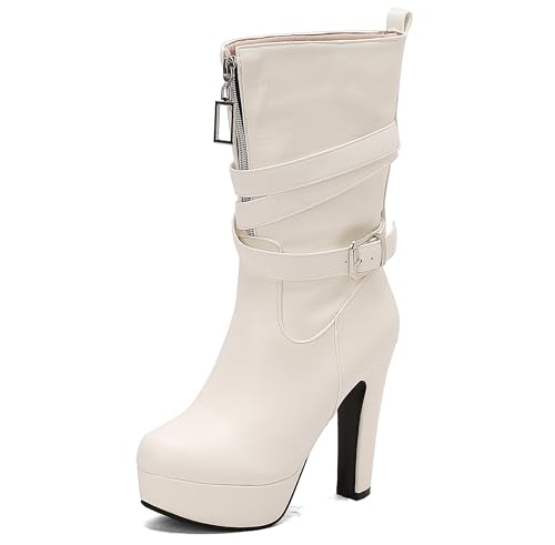 Lroey Reoly Damen Hohen Blockabsatz Hohe Stiefel mit Plateau Runde Zehen Daily Dx986 Weiß Gr 34 EU von Lroey Reoly