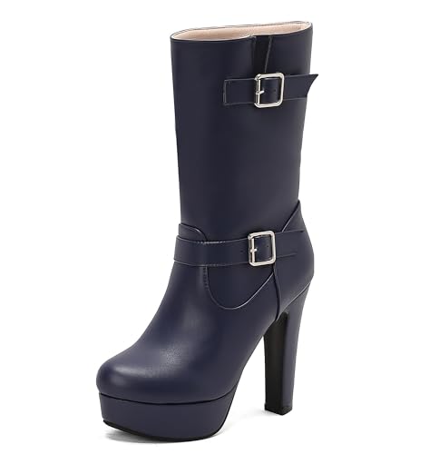 Lroey Reoly Damen Hohen Blockabsatz Hohe Stiefel mit Plateau Runde Zehen Daily Dx987 Blau Gr 38 EU von Lroey Reoly