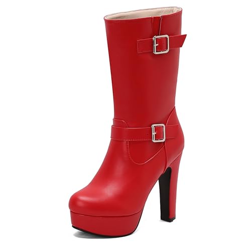 Lroey Reoly Damen Hohen Blockabsatz Hohe Stiefel mit Plateau Runde Zehen Daily Dx987 Rot Gr 37 EU von Lroey Reoly
