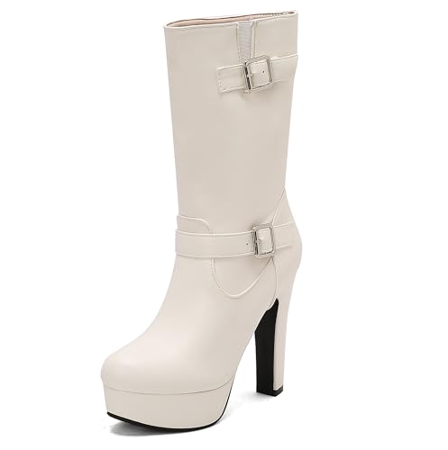 Lroey Reoly Damen Hohen Blockabsatz Hohe Stiefel mit Plateau Runde Zehen Daily Dx987 Weiß Gr 47 EU von Lroey Reoly