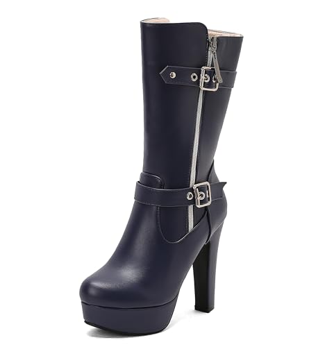 Lroey Reoly Damen Hohen Blockabsatz Hohe Stiefel mit Plateau Runde Zehen Party Dx984 Blau Gr 40 EU von Lroey Reoly
