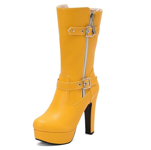 Lroey Reoly Damen Hohen Blockabsatz Hohe Stiefel mit Plateau Runde Zehen Party Dx984 Gelb Gr 41 EU von Lroey Reoly