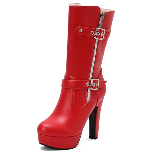 Lroey Reoly Damen Hohen Blockabsatz Hohe Stiefel mit Plateau Runde Zehen Party Dx984 Rot Gr 44 EU von Lroey Reoly