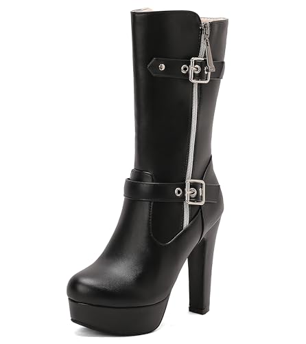 Lroey Reoly Damen Hohen Blockabsatz Hohe Stiefel mit Plateau Runde Zehen Party Dx984 Schwarz Gr 47 EU von Lroey Reoly