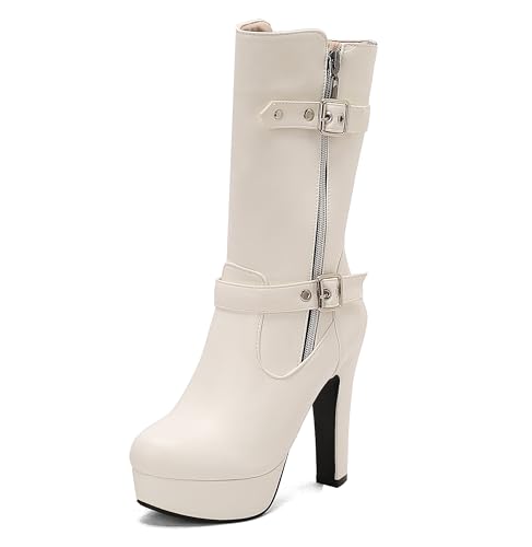 Lroey Reoly Damen Hohen Blockabsatz Hohe Stiefel mit Plateau Runde Zehen Party Dx984 Weiß Gr 49 EU von Lroey Reoly