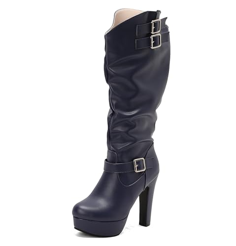 Lroey Reoly Damen Hohen Blockabsatz Hohe Stiefel mit Plateau Runde Zehen Party Dx985 Blau Gr 48 EU von Lroey Reoly