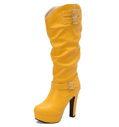 Lroey Reoly Damen Hohen Blockabsatz Hohe Stiefel mit Plateau Runde Zehen Party Dx985 Gelb Gr 36 EU von Lroey Reoly
