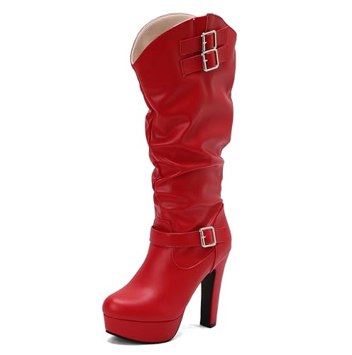 Lroey Reoly Damen Hohen Blockabsatz Hohe Stiefel mit Plateau Runde Zehen Party Dx985 Rot Gr 48 EU von Lroey Reoly
