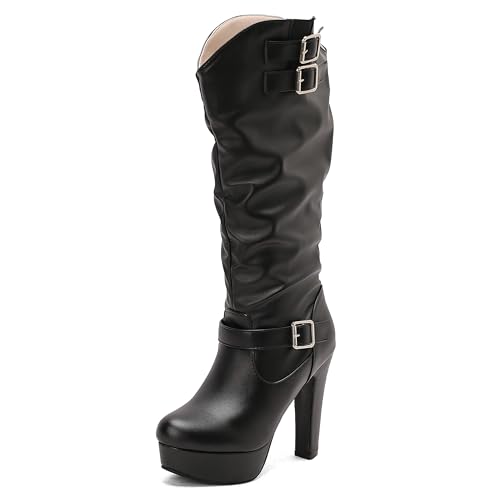 Lroey Reoly Damen Hohen Blockabsatz Hohe Stiefel mit Plateau Runde Zehen Party Dx985 Schwarz Gr 36 EU von Lroey Reoly