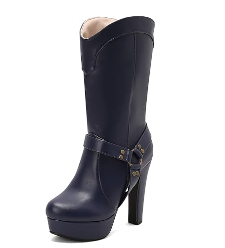Lroey Reoly Damen Hohen Blockabsatz Hohe Stiefel mit Plateau Runde Zehen Party Dx988 Blau Gr 40 EU von Lroey Reoly