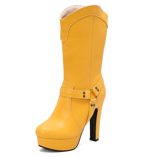 Lroey Reoly Damen Hohen Blockabsatz Hohe Stiefel mit Plateau Runde Zehen Party Dx988 Gelb Gr 40 EU von Lroey Reoly