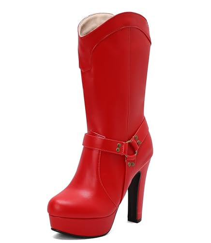 Lroey Reoly Damen Hohen Blockabsatz Hohe Stiefel mit Plateau Runde Zehen Party Dx988 Rot Gr 49 EU von Lroey Reoly