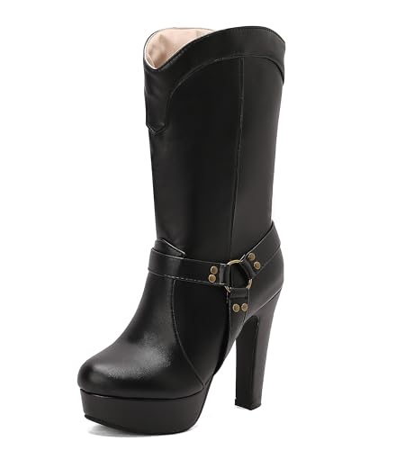 Lroey Reoly Damen Hohen Blockabsatz Hohe Stiefel mit Plateau Runde Zehen Party Dx988 Schwarz Gr 40 EU von Lroey Reoly