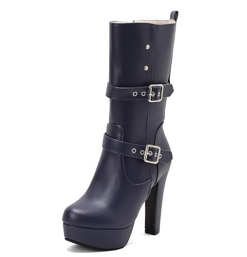 Lroey Reoly Damen Hohen Blockabsatz Hohe Stiefel mit Plateau Runde Zehen Party Dx989 Blau Gr 48 EU von Lroey Reoly