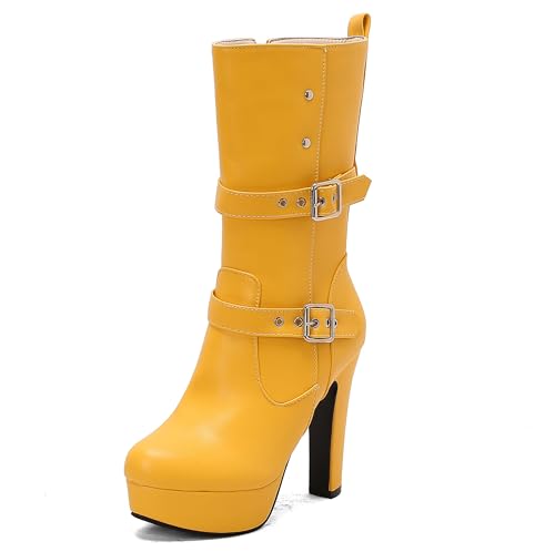Lroey Reoly Damen Hohen Blockabsatz Hohe Stiefel mit Plateau Runde Zehen Party Dx989 Gelb Gr 38 EU von Lroey Reoly